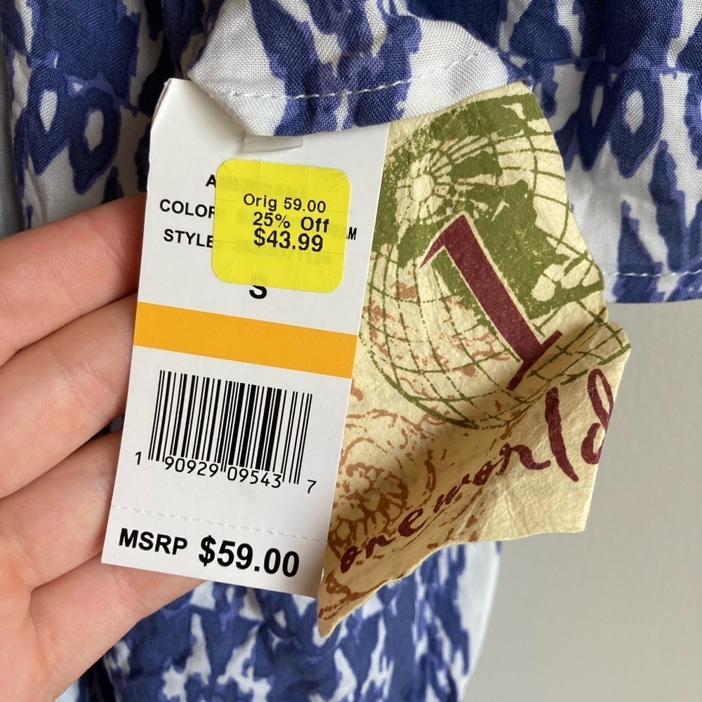 NWT One World Blue Print Off Shoulder Cold Shoulder Fringe Top S - Picture 2 of 13